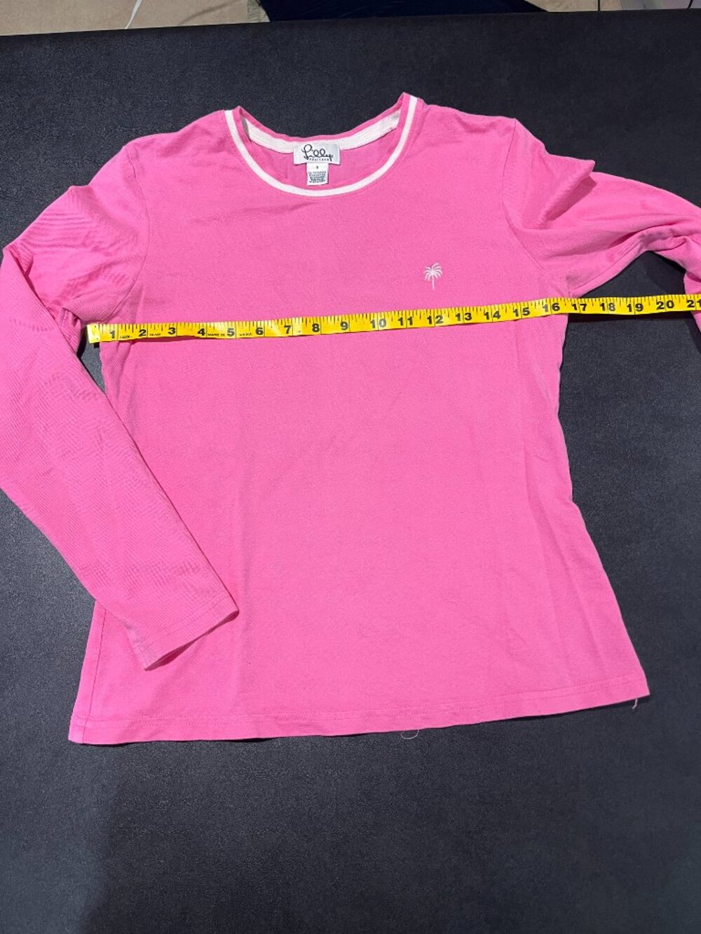 Lilly Pulitzer White Pink Palm Tree Pima Cotton Long Sleeve Ringer Tee Shirt S